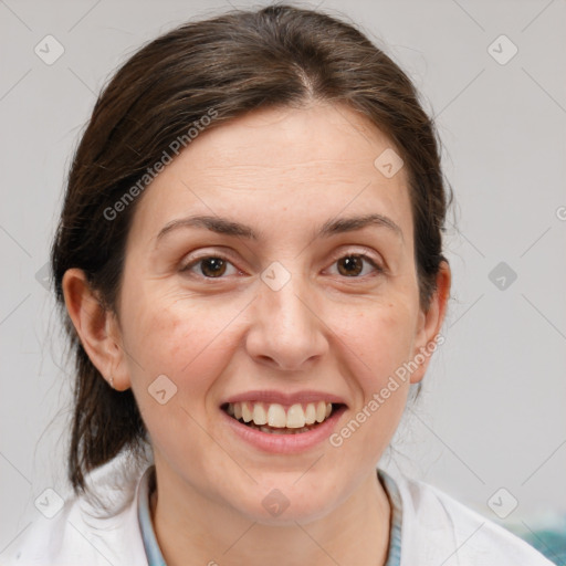 Joyful white adult female with medium  brown hair and brown eyes