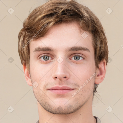 Neutral white young-adult male with short  brown hair and grey eyes