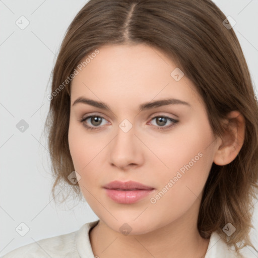 Neutral white young-adult female with medium  brown hair and brown eyes