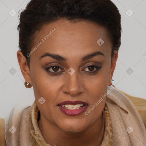 Joyful black young-adult female with short  brown hair and brown eyes