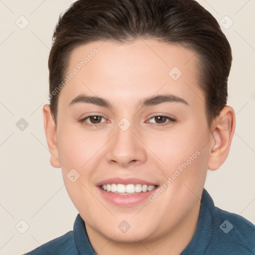 Joyful white young-adult female with short  brown hair and brown eyes