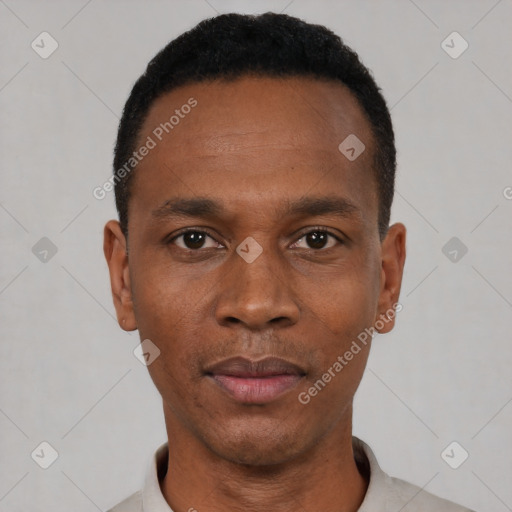 Neutral black young-adult male with short  black hair and brown eyes