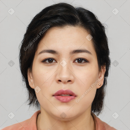 Neutral asian young-adult female with medium  brown hair and brown eyes