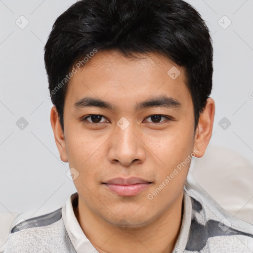 Neutral asian young-adult male with short  brown hair and brown eyes