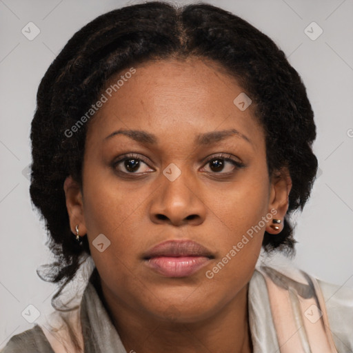 Joyful black young-adult female with long  brown hair and brown eyes