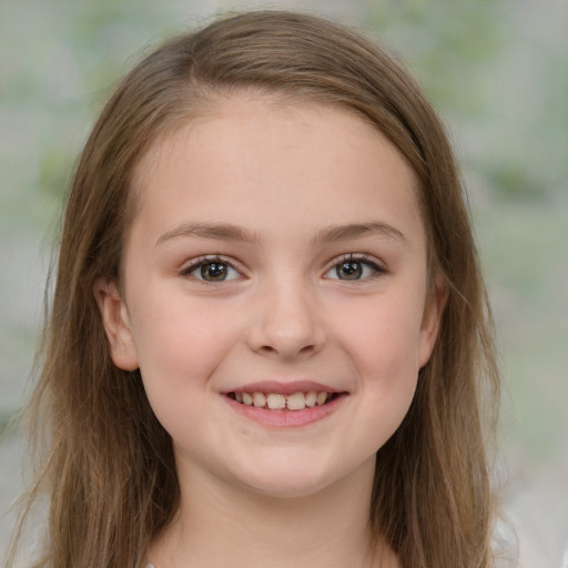 Joyful white child female with medium  brown hair and grey eyes