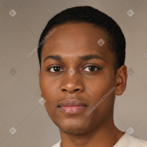 Neutral black young-adult female with short  black hair and brown eyes