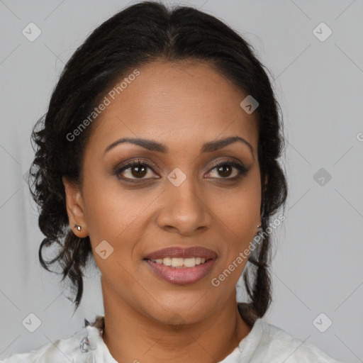 Joyful black young-adult female with medium  brown hair and brown eyes