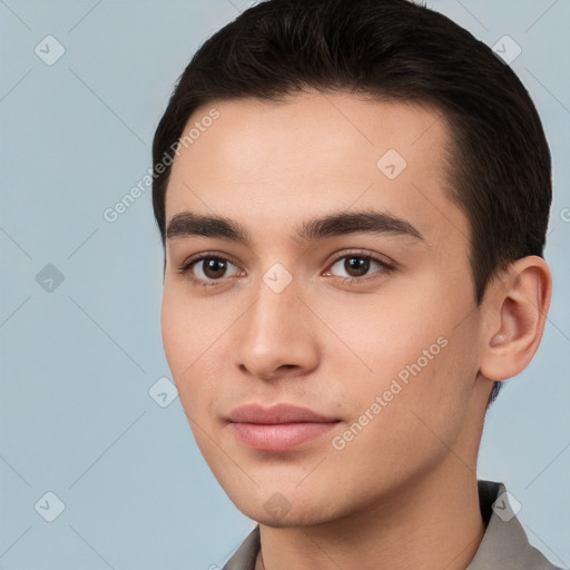 Neutral white young-adult male with short  brown hair and brown eyes