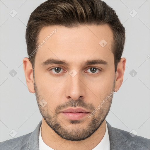 Neutral white young-adult male with short  brown hair and brown eyes