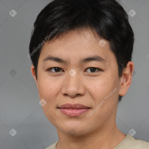 Joyful asian young-adult female with short  brown hair and brown eyes