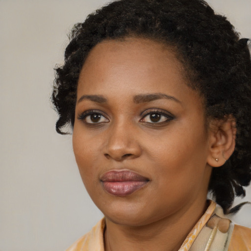 Joyful black young-adult female with medium  brown hair and brown eyes