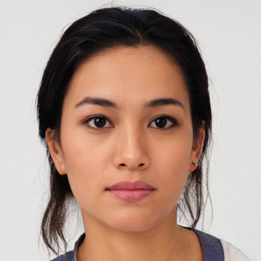 Neutral asian young-adult female with medium  black hair and brown eyes