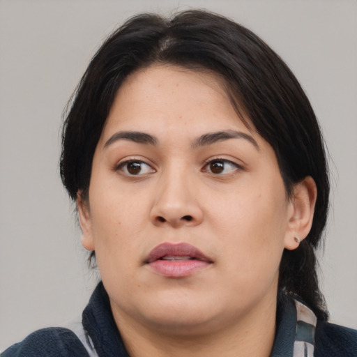 Neutral asian young-adult female with medium  black hair and brown eyes