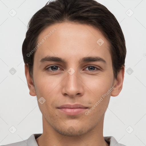 Neutral white young-adult male with short  brown hair and brown eyes