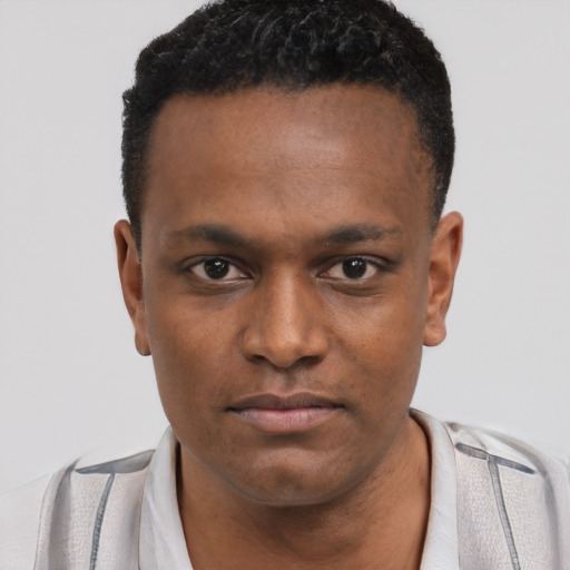 Neutral black young-adult male with short  brown hair and brown eyes