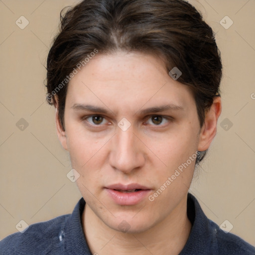 Neutral white young-adult female with medium  brown hair and grey eyes