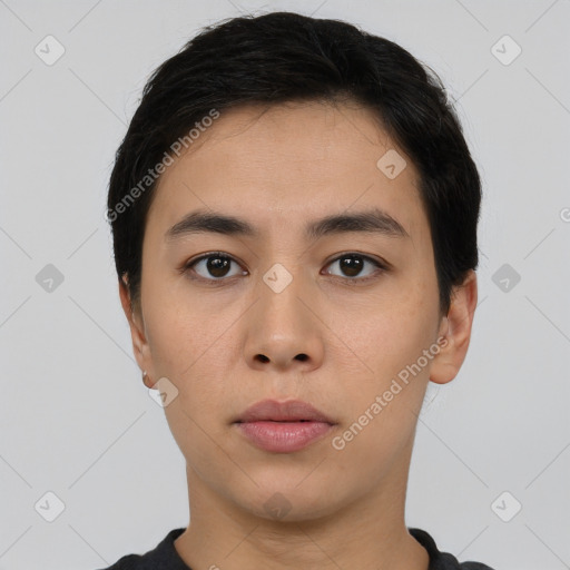 Neutral asian young-adult male with short  black hair and brown eyes