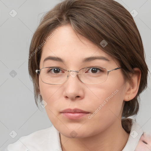 Neutral white young-adult female with medium  brown hair and brown eyes