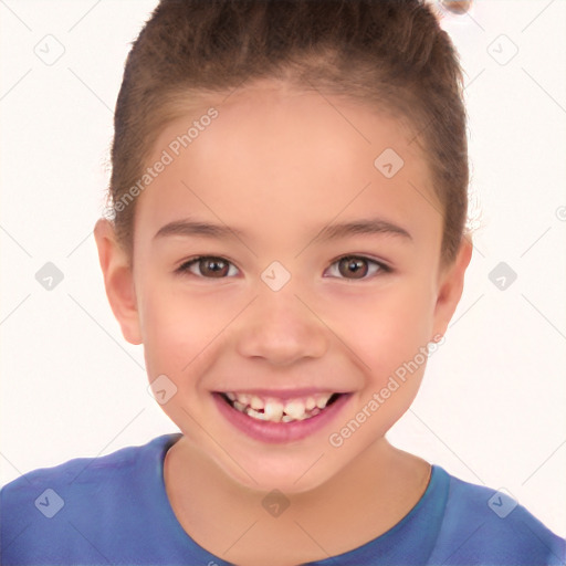 Joyful white child female with short  brown hair and brown eyes