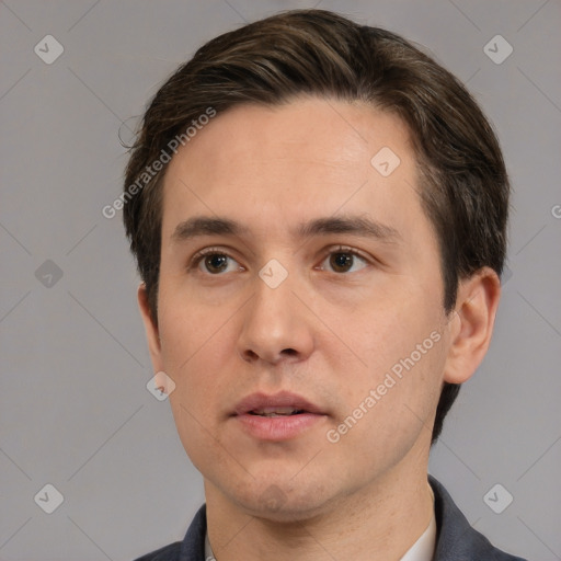 Neutral white young-adult male with short  brown hair and brown eyes