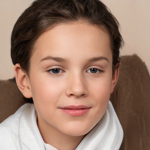 Joyful white child female with medium  brown hair and brown eyes