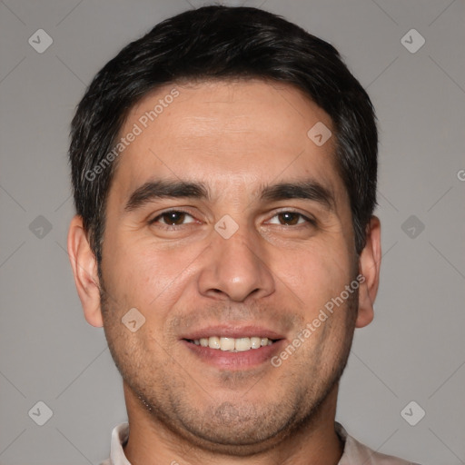 Joyful white young-adult male with short  black hair and brown eyes