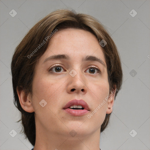 Neutral white young-adult female with medium  brown hair and brown eyes