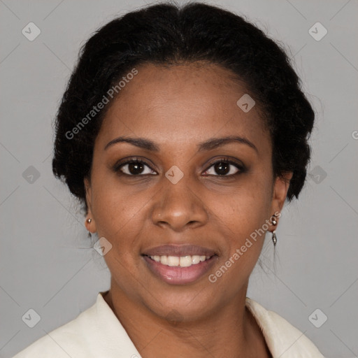 Joyful black young-adult female with medium  brown hair and brown eyes