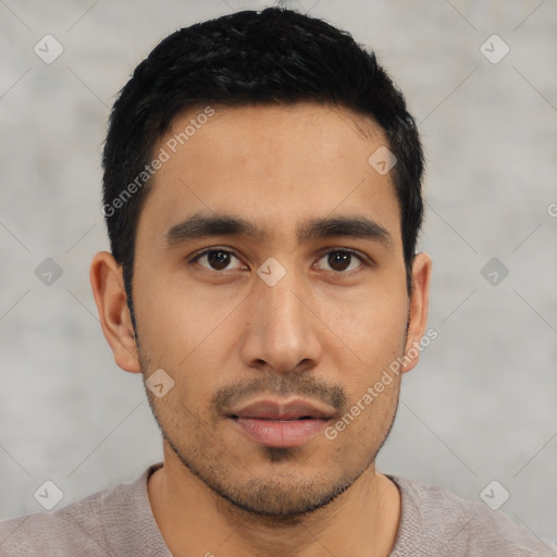 Neutral asian young-adult male with short  black hair and brown eyes