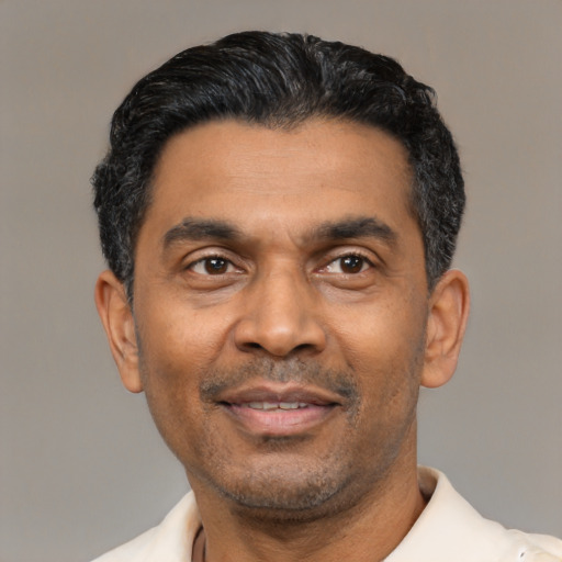 Neutral latino adult male with short  black hair and brown eyes