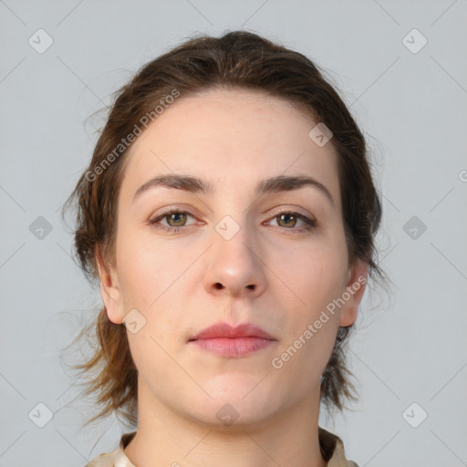 Neutral white young-adult female with medium  brown hair and brown eyes