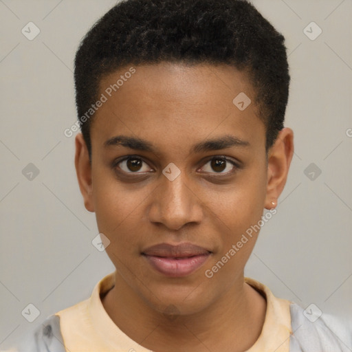 Joyful latino young-adult female with short  brown hair and brown eyes