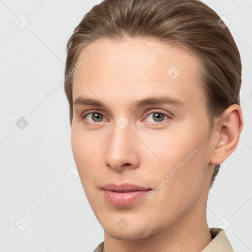 Neutral white young-adult male with short  brown hair and brown eyes