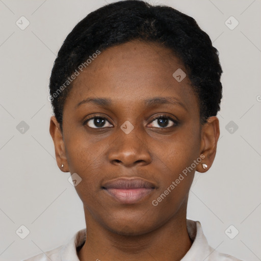 Neutral black young-adult female with short  brown hair and brown eyes