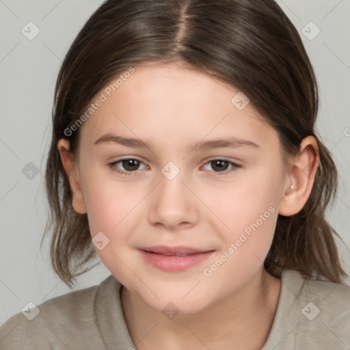 Joyful white child female with medium  brown hair and brown eyes