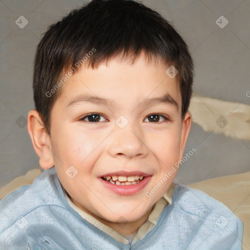 Joyful white child male with short  brown hair and brown eyes