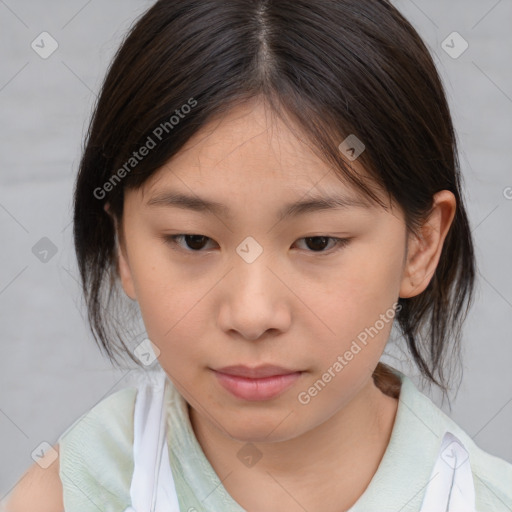 Joyful white child female with medium  brown hair and brown eyes