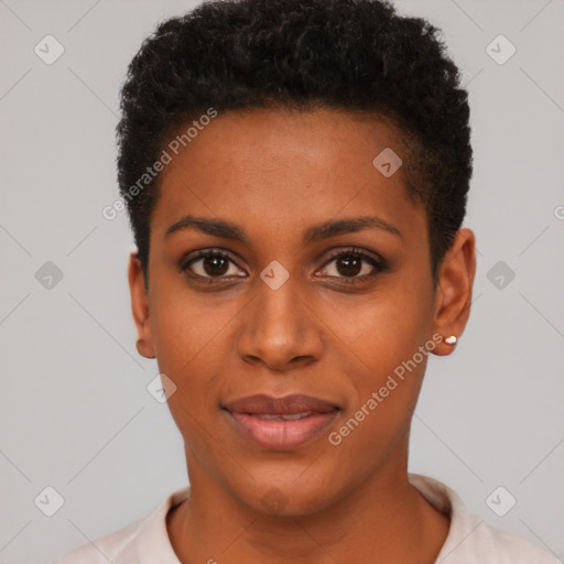 Joyful black young-adult female with short  black hair and brown eyes