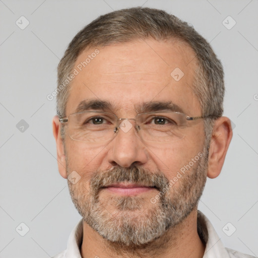 Neutral white middle-aged male with short  brown hair and brown eyes