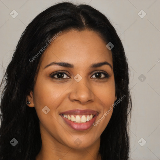 Joyful asian young-adult female with long  brown hair and brown eyes