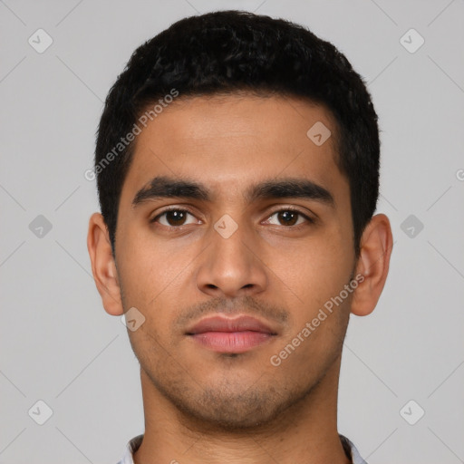 Neutral latino young-adult male with short  black hair and brown eyes