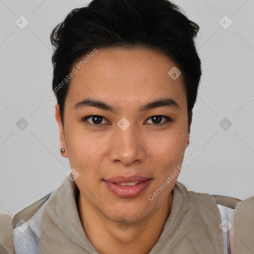 Joyful asian young-adult female with short  black hair and brown eyes