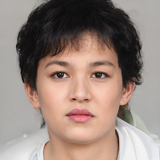 Neutral asian young-adult female with medium  brown hair and brown eyes