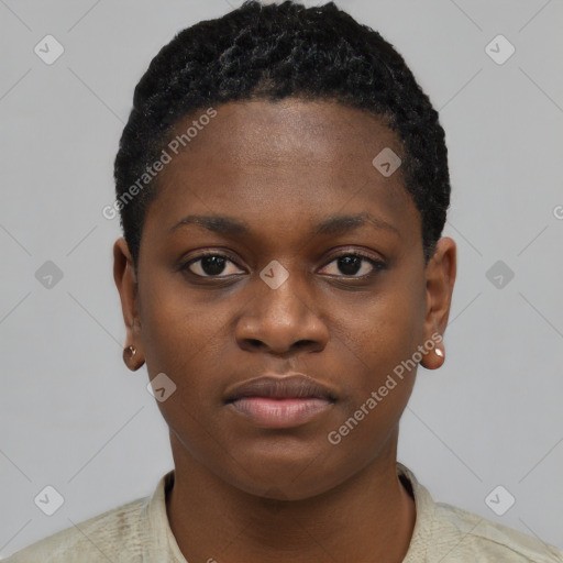 Neutral black young-adult female with short  black hair and brown eyes