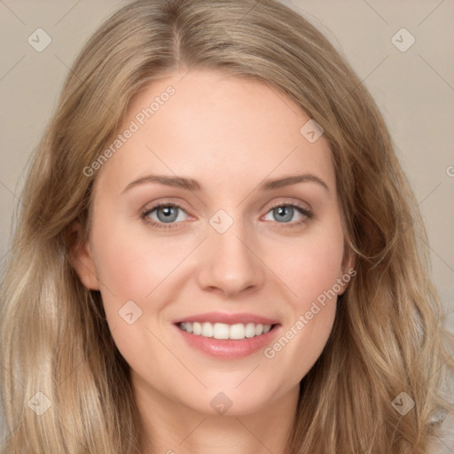 Joyful white young-adult female with long  brown hair and green eyes