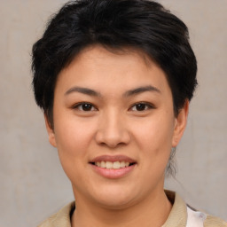 Joyful asian young-adult female with short  brown hair and brown eyes