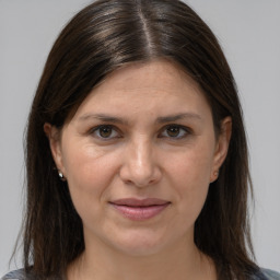 Joyful white adult female with medium  brown hair and grey eyes