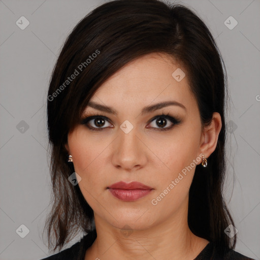 Neutral white young-adult female with medium  brown hair and brown eyes