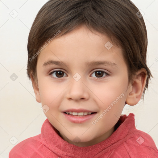 Joyful white child female with short  brown hair and brown eyes